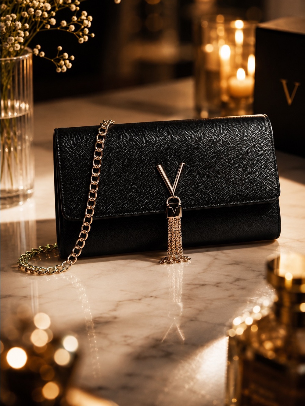 Mario Valentino Black Leather Clutch with Gold Chain & Tassel